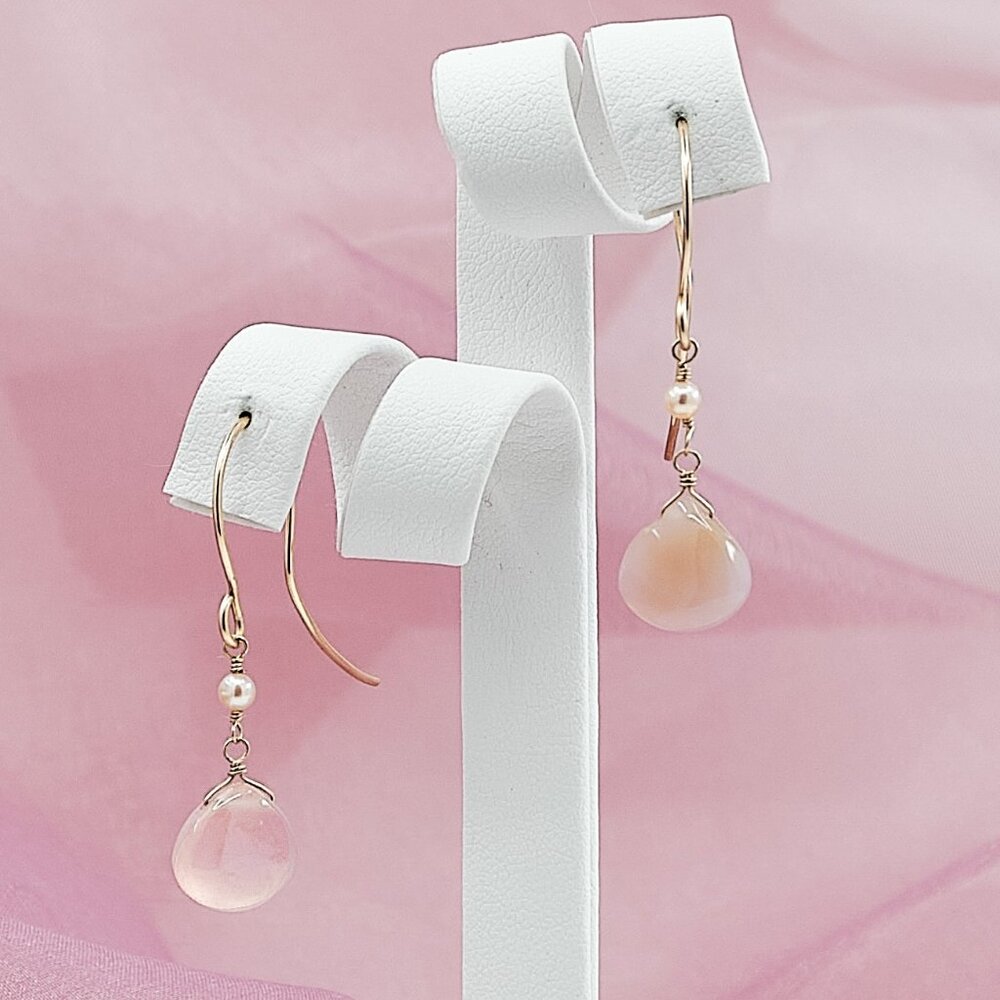 Pink Chalcedony & Pearl Drop Earrings, 14K Gold Filled